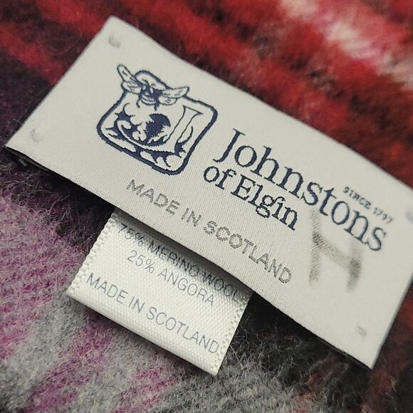 𝅺johnstons of Elgin  Merino Wool and Angora Purple Tartan Fringed Scarf - Picture 2 of 5